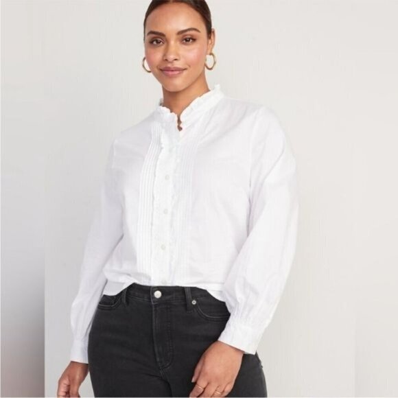 Old Navy Tops - Old Navy Ruffle-Trimmed Pintucked Collarless Tuxedo Shirt White Size XS